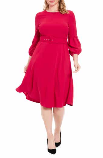 London Times Pleated Sleeve Belted Fit & Flare Dress