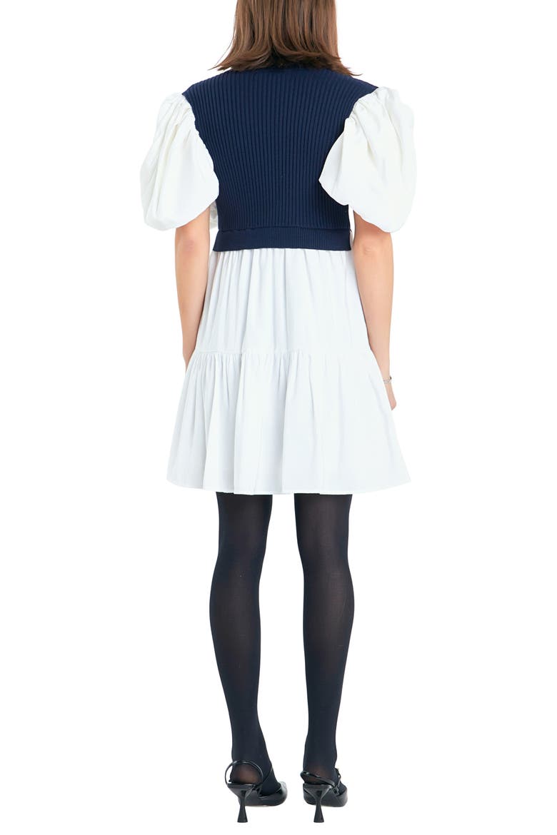 Puff Sleeve Mixed Media Sweater Dress, Alternate, color, NAVY