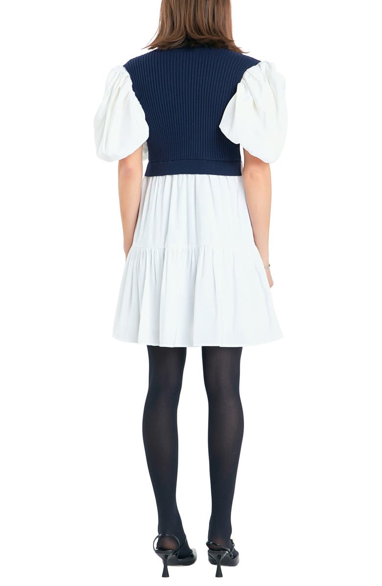 English Factory Puff Sleeve Mixed Media Sweater Dress, Alternate, color, Navy