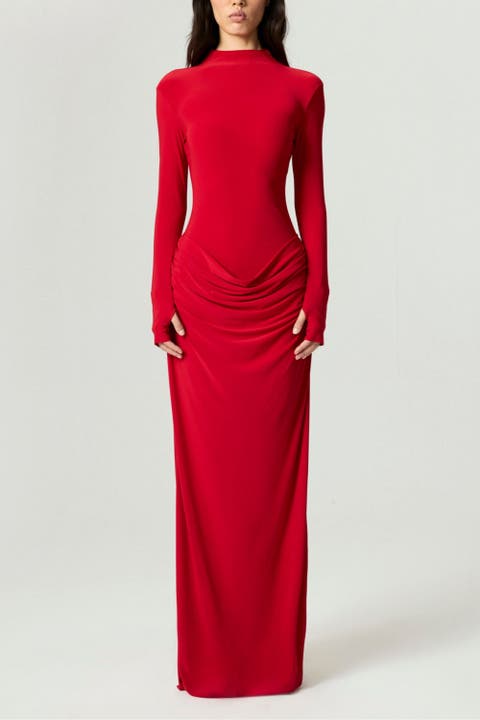 High-Neck Ruched Maxi Dress