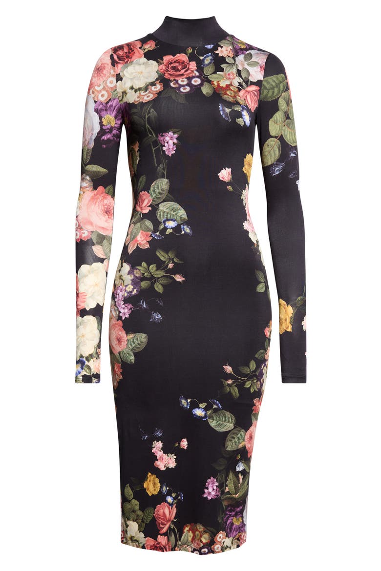 Delora Mock Neck Midi Dress, Alternate, color, HOLLYWOOD DREAMS BLACK