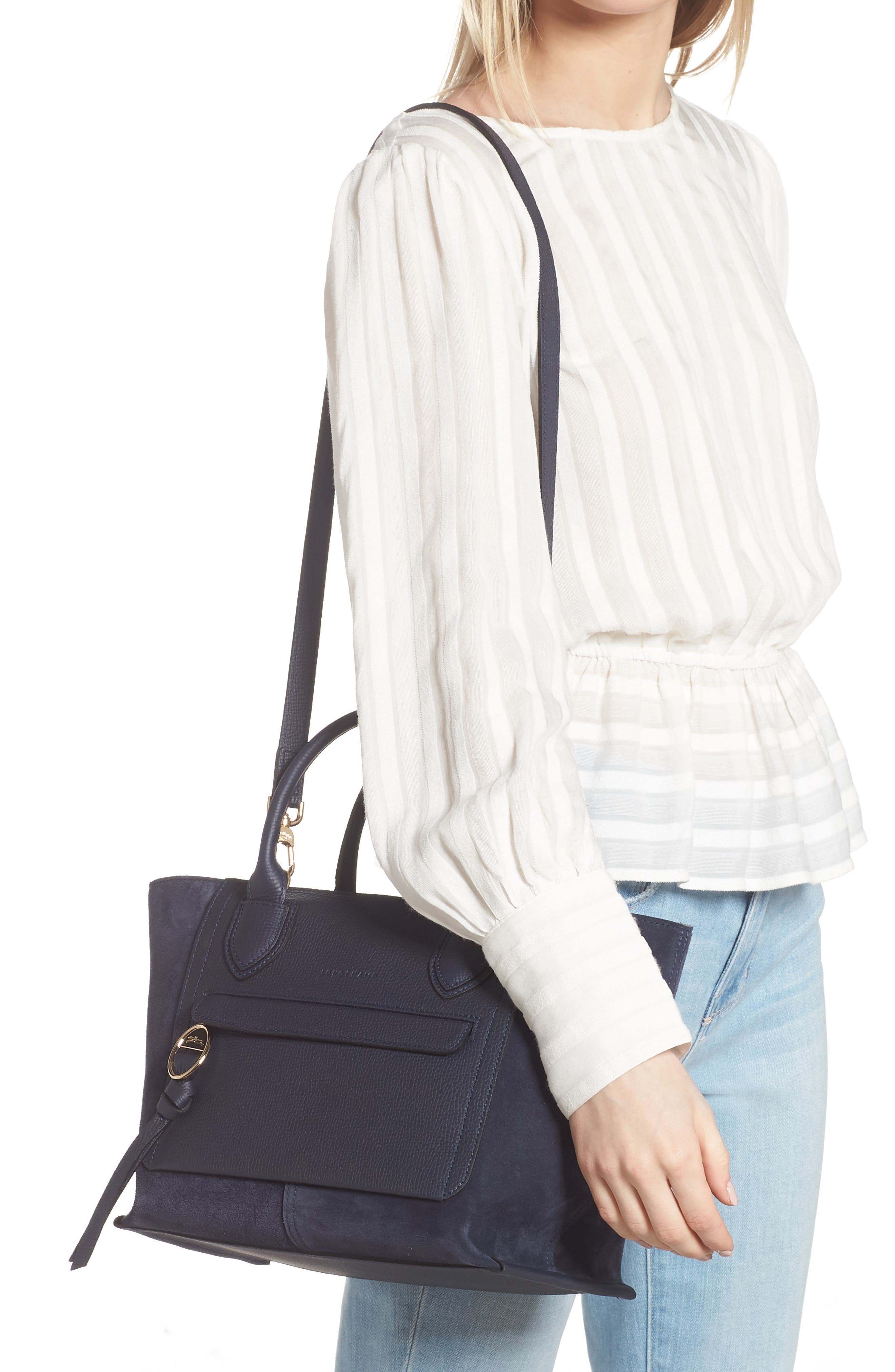 Longchamp Medium Mailbox Suede & Leather Top Handle Bag, Alternate, color, Navy