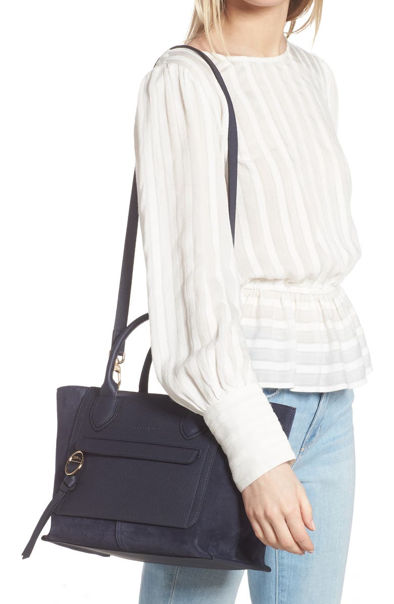 Longchamp Medium Mailbox Suede & Leather Top Handle Bag, Alternate, color, Navy