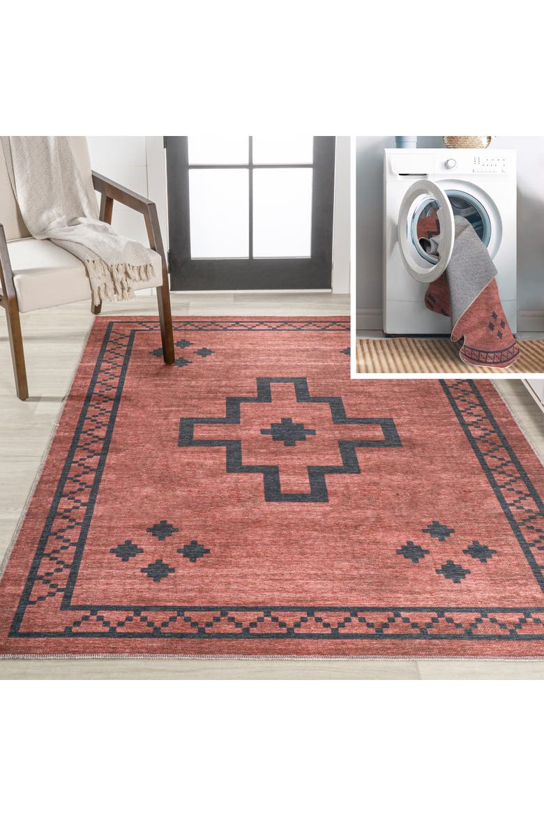 Korsa Geometric Medallion Machine-Washable Area Rug, Main, color, Red/Dark Gray
