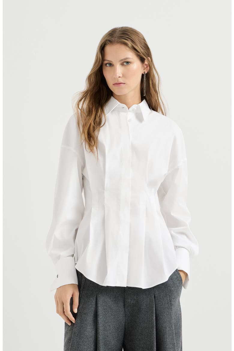 Stretch Cotton Poplin Pleated Shirt, Main, color, White