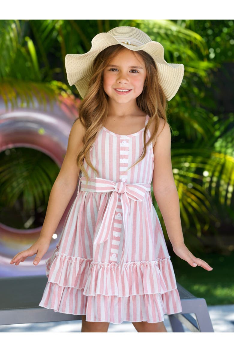 Pink Candy Stripe Button-Up Linen Ruffle Dress, Alternate, color, Pink