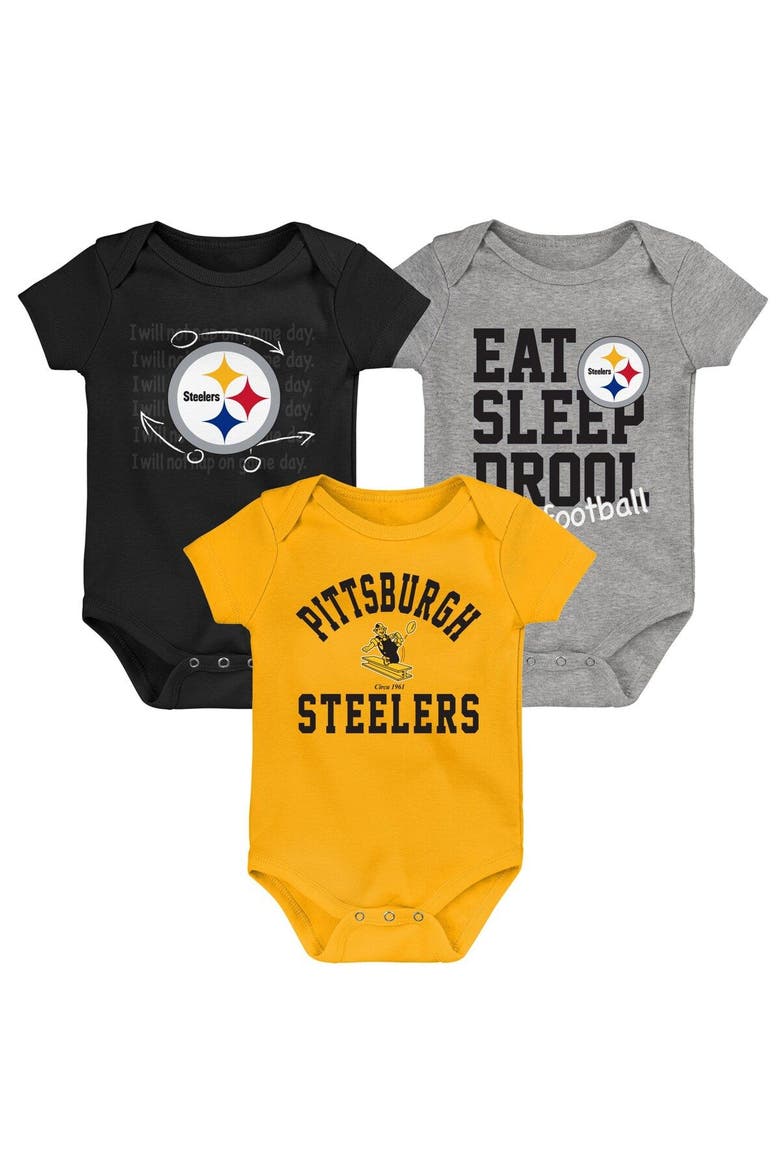 Newborn & Infant Black/Gold/Heather Gray Pittsburgh Steelers Three-Pack Eat, Sleep & Drool Retro Bodysuit Set, Main, color, Black