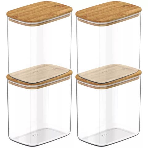 Clear Stackable Airtight Food Storage Container Set with Wood Lid 8 Piece (4 Jars + 4 Lids)