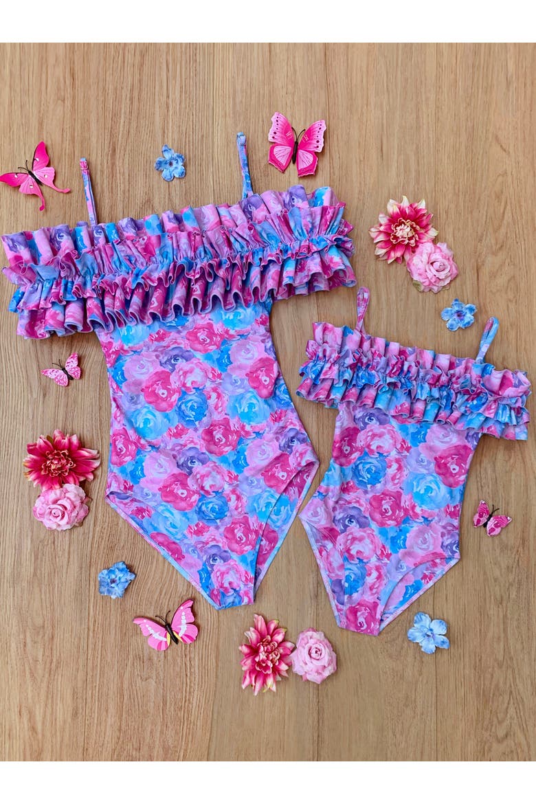 Watercolor Blooms One Piece Swimsuit, Alternate, color, Purple