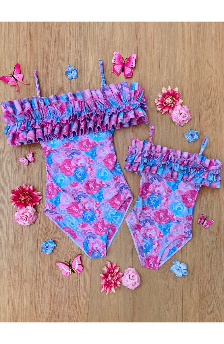 Mia Belle Girls Kids' Watercolor Blooms One Piece Swimsuit, Alternate, color,