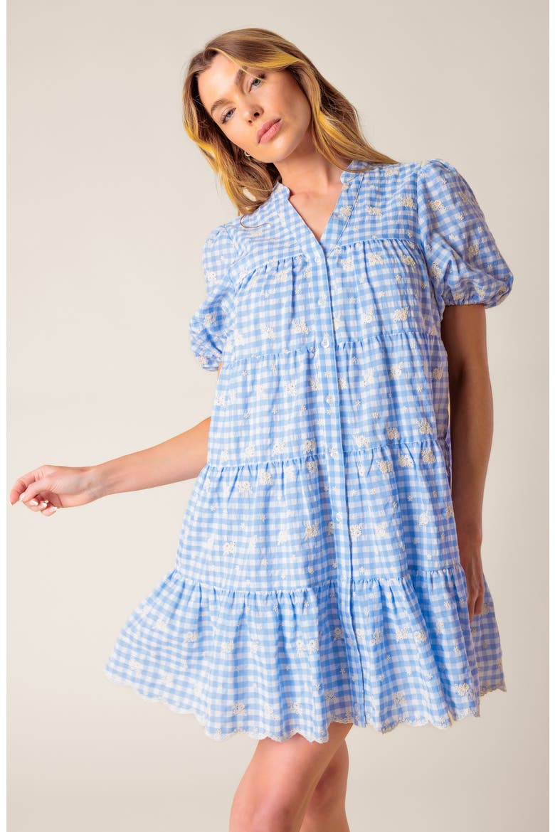 Floral Embroidered Gingham Puff Sleeve Babydoll Dress, Alternate, color, POWDER BLUE