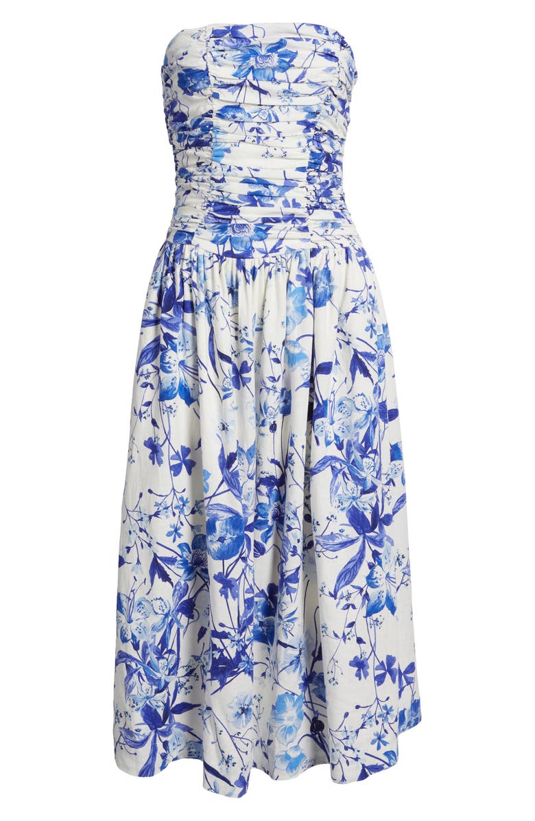 Chelsea28 Ruched Linen Blend Strapless Sundress, Alternate, color, Blue Floral