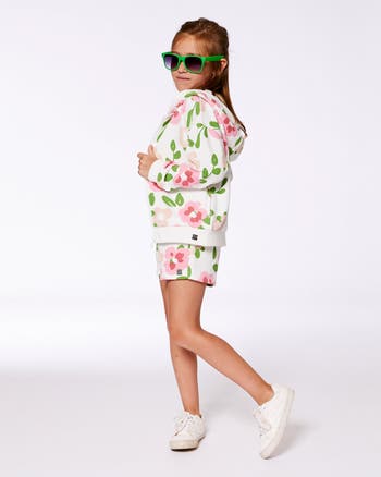 Deux Par Deux Printed French Terry Hoodie Cardigan - Pink Flowers On White Background Deux Par Deux Printed French Terry Hoodie Cardigan - Pink Flowers On White Background