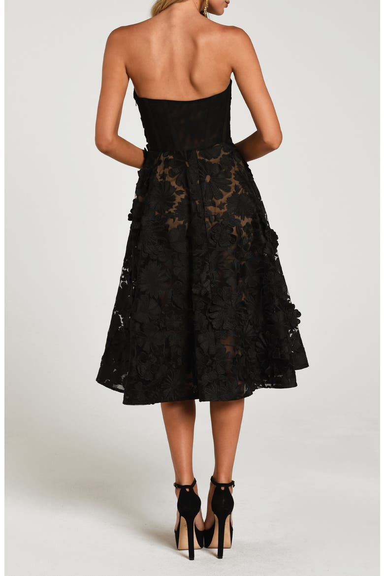 Florence Floral Appliqué Strapless Midi Dress, Alternate, color, BLACK