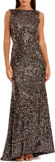 MAC DUGGAL 豪華レースボートネック ロングドレス Platinum Gold Blue Cowl Back Boat Neck Sequined Evening Gown - Mac Duggal