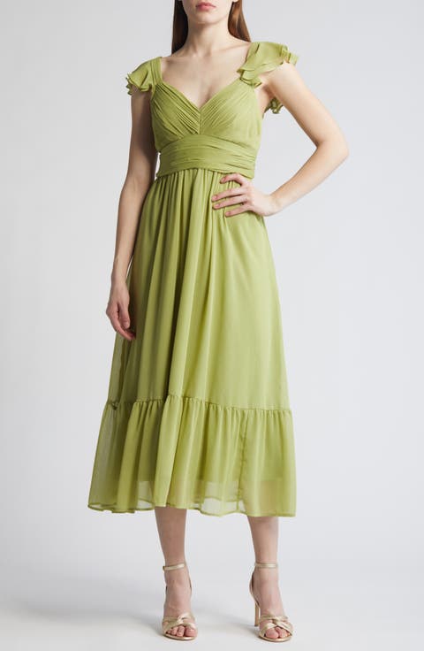 V-Neck Ruffle Chiffon Midi Dress