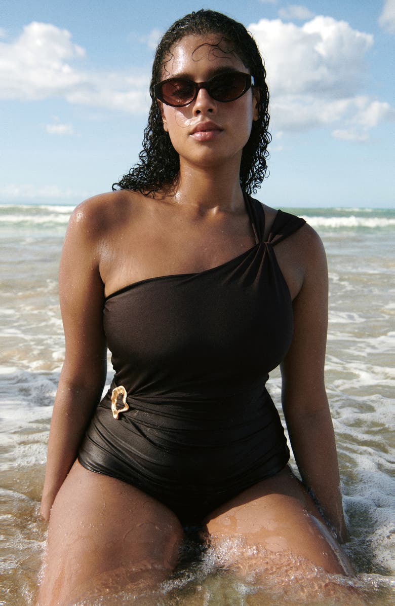 MANGO Metallic O-Ring One-Shoulder One-Piece Swimsuit, Alternate, color, Brown