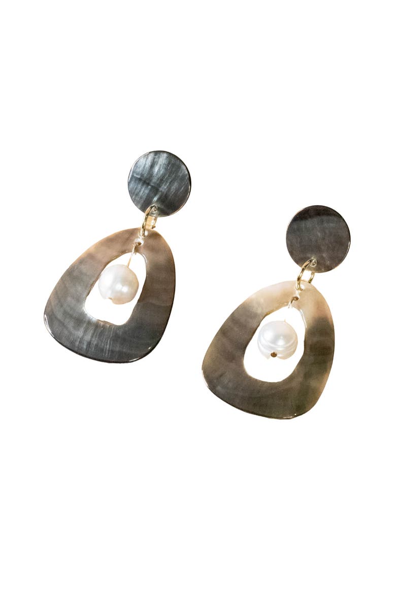Mother-of-Pearl Hollow Earrings with Inner Pearl, Main, color, Black