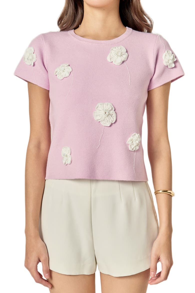 Floral Ebellished Short Sleeve Knit Top, Main, color, LILAC/ WHITE