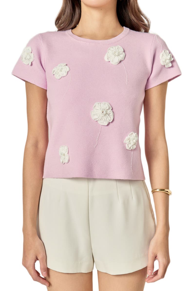English Factory Floral Ebellished Short Sleeve Knit Top, Main, color, Lilac/ White