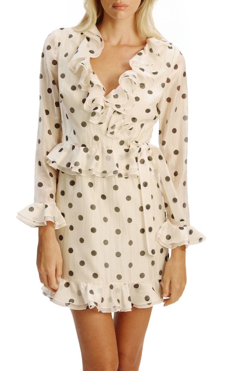 Bardot Polka Dot Frill Ruffle Long Sleeve Minidress, Alternate, color, Ivory Spot