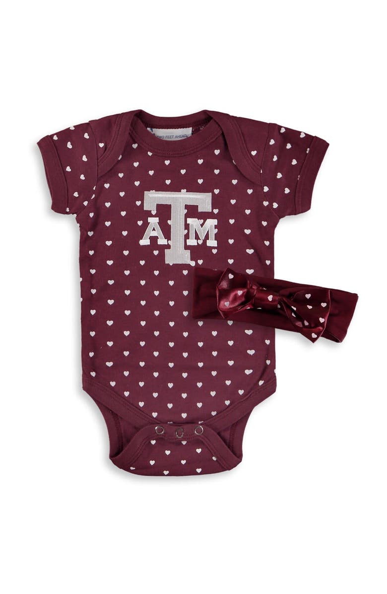 TWO FEET AHEAD Girls Newborn & Infant Maroon Texas A&M Aggies Hearts Bodysuit and Headband Set, Main, color,