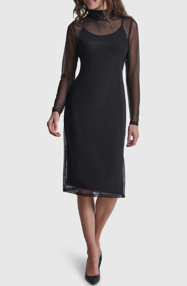 DKNY Mock Neck Long Sleeve Mesh Dress, Main, color, 