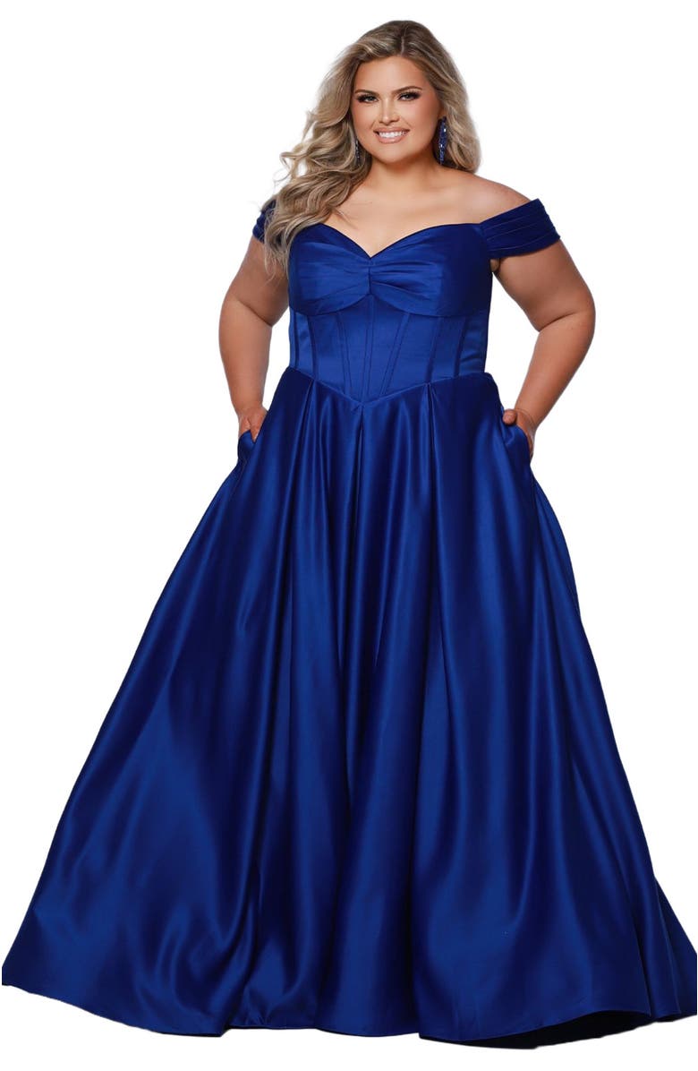 Sydney's Closet Sweetheart Neckline Off the Shoulder Plus Size A-line Gown, Alternate, color, Cobalt