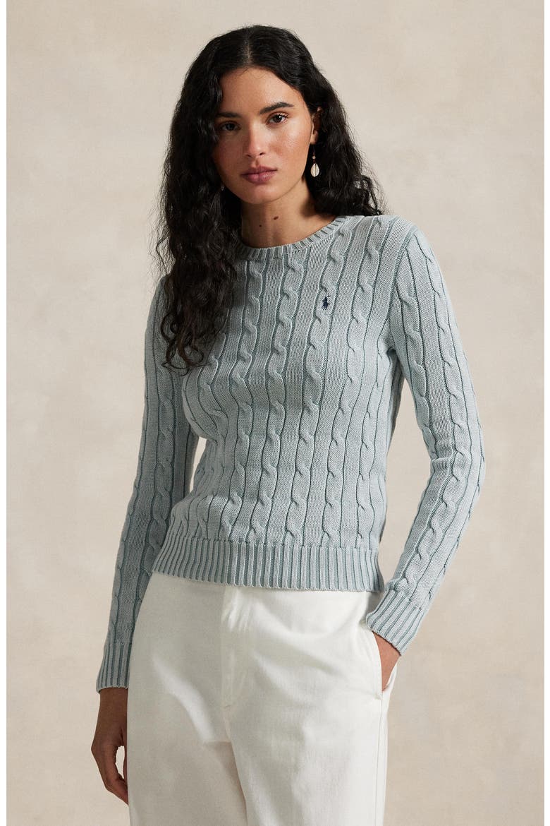 Cable Knit Cotton Crewneck Sweater, Alternate, color, LIGHT CHAMBRAY