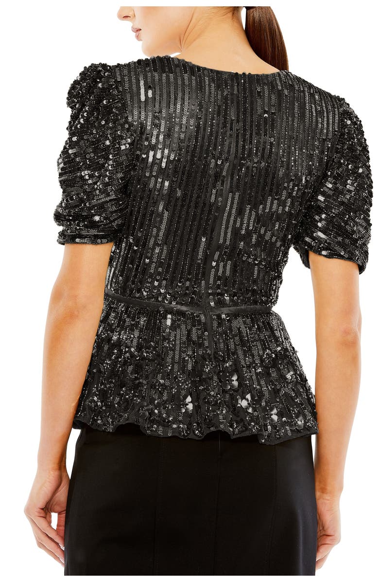 Mac Duggal Sequined Puff Sleeve Faux Wrap Top, Alternate, color, Black