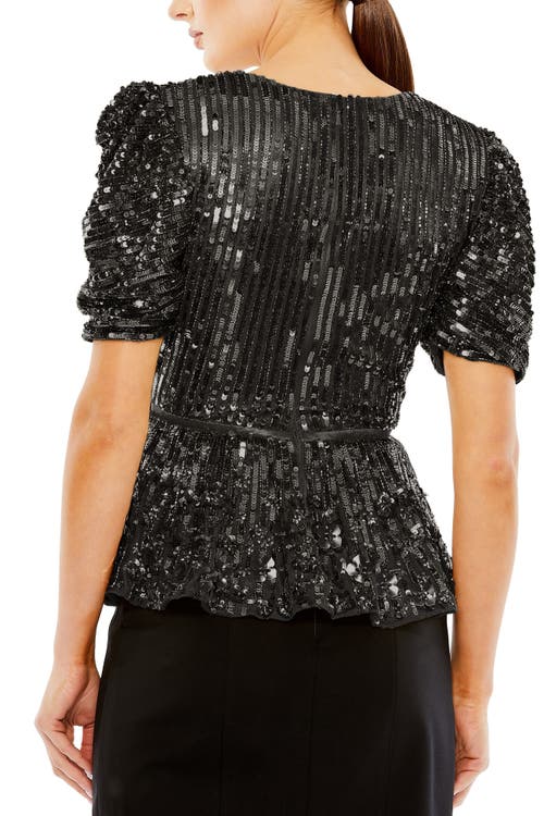 Mac Duggal Sequined Puff Sleeve Faux Wrap Top In Black