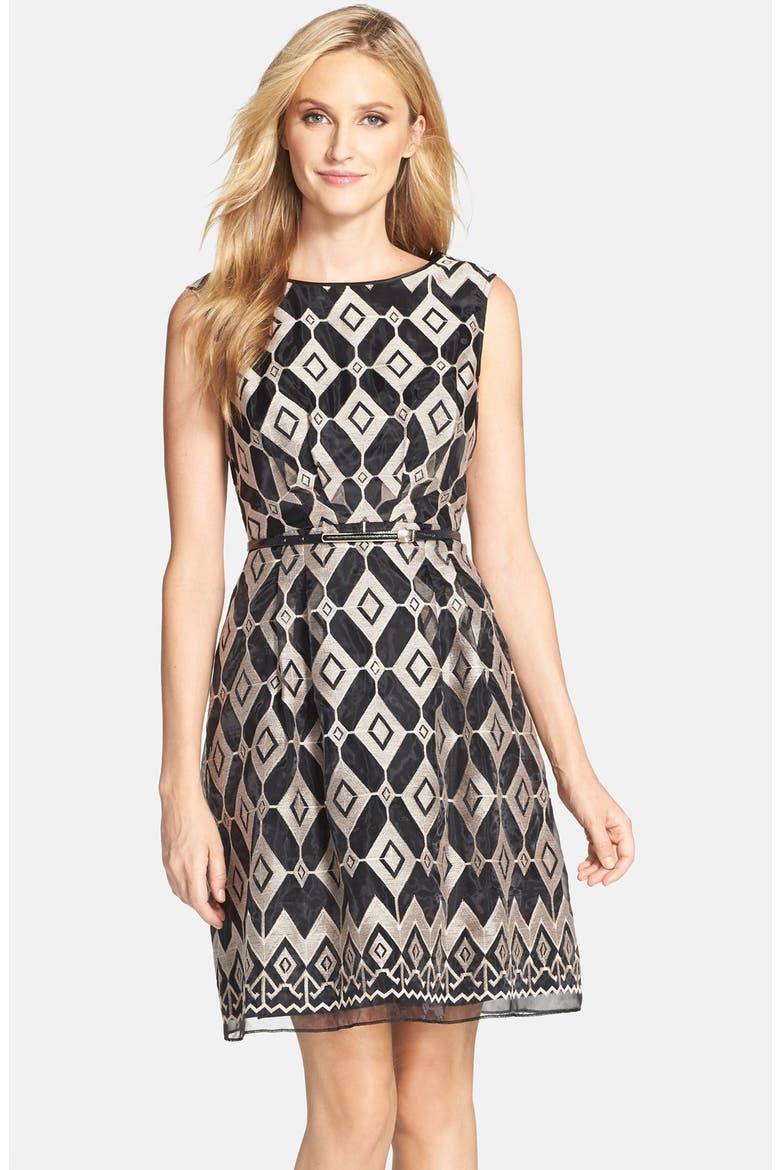 Embroidered Lace Fit & Flare Dress, Main, color, BLACK PINK