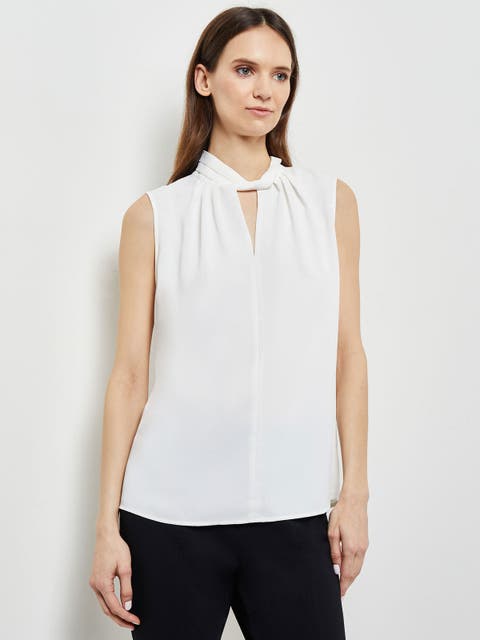 Sleeveless Twist Neck Crepe de Chine Blouse