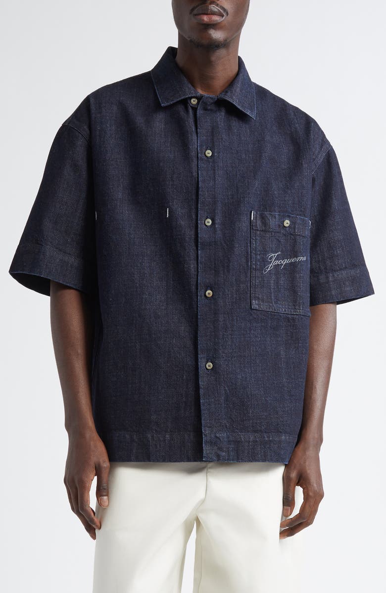 Jacquemus La Chemise de-Nîmes Aloe Denim Button-Up Shirt, Main, color, Dark Navy