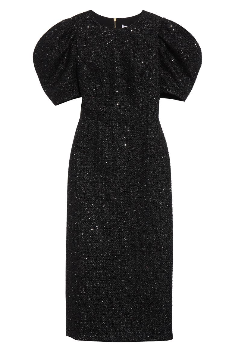 Puff Sleeve Metallic Tweed Sheath Dress, Alternate, color, BLACK