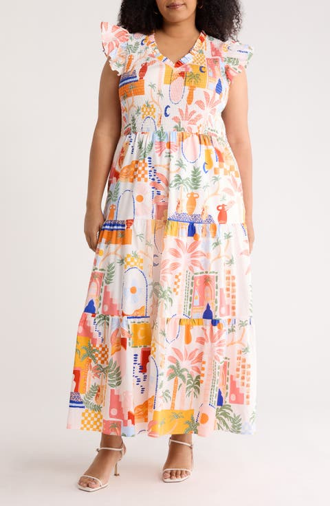 Petrolia Town Sunfire Smocked Bodice Tiered Cotton Midi Dress (Plus)