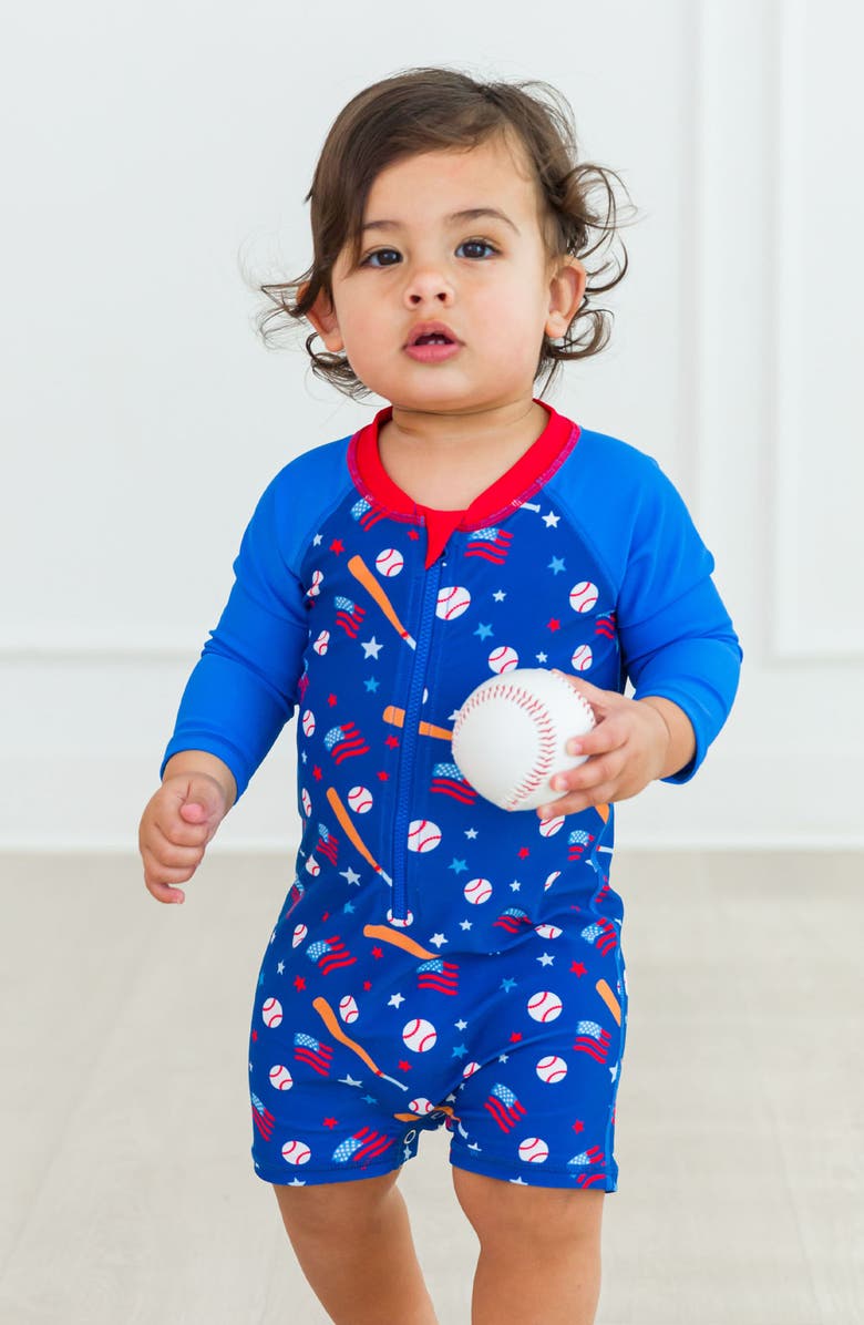 RuggedButts Play Ball One-Piece Rashguard Swimsuit & Hat Set, Alternate, color, 