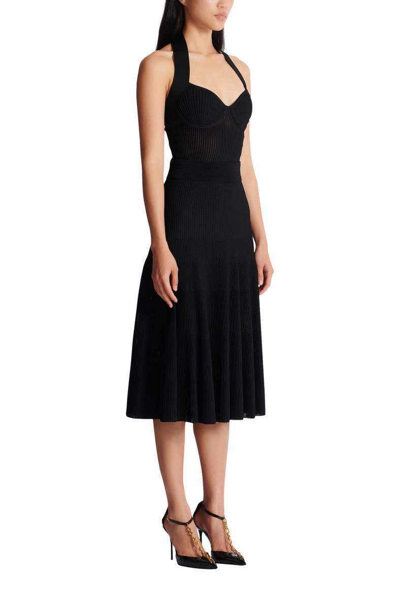 Balmain Halterneck pleated knit midi dress, Main, color, Black