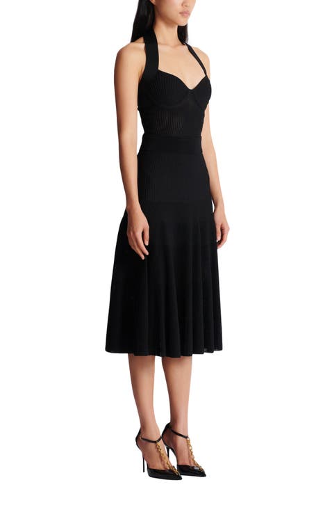Halterneck pleated knit midi dress