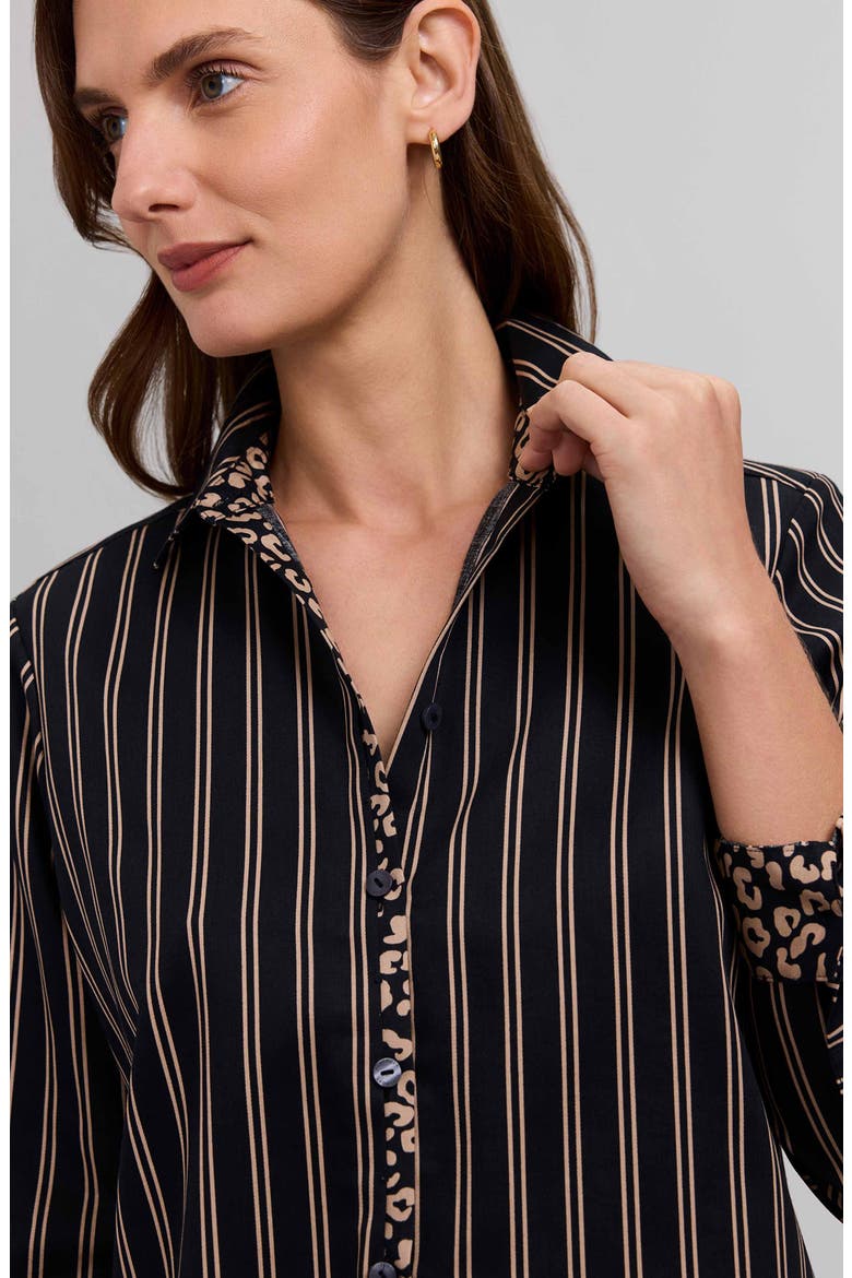 Charlie Stripe Animal Print Trim Cotton Button-Up Shirt, Alternate, color, BLACK/ ALMOND