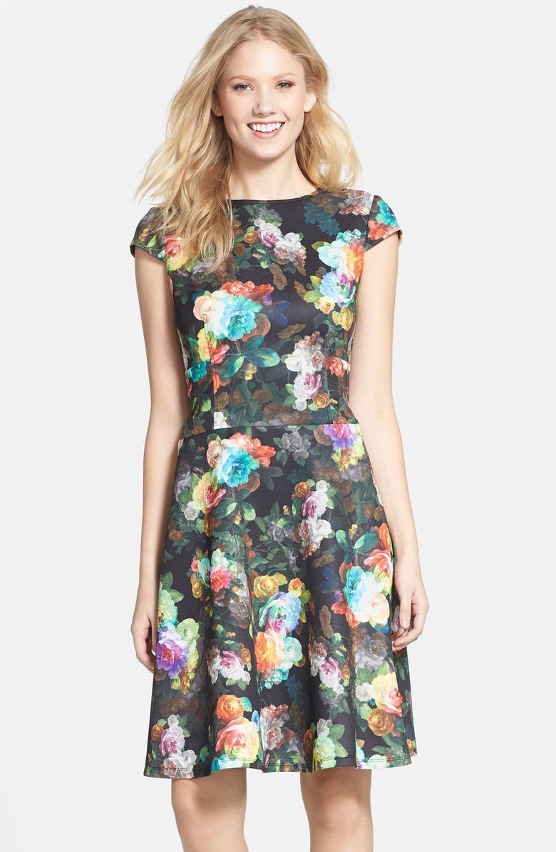 Chetta B Floral Print Scuba Fit & Flare Dress, Main, color,