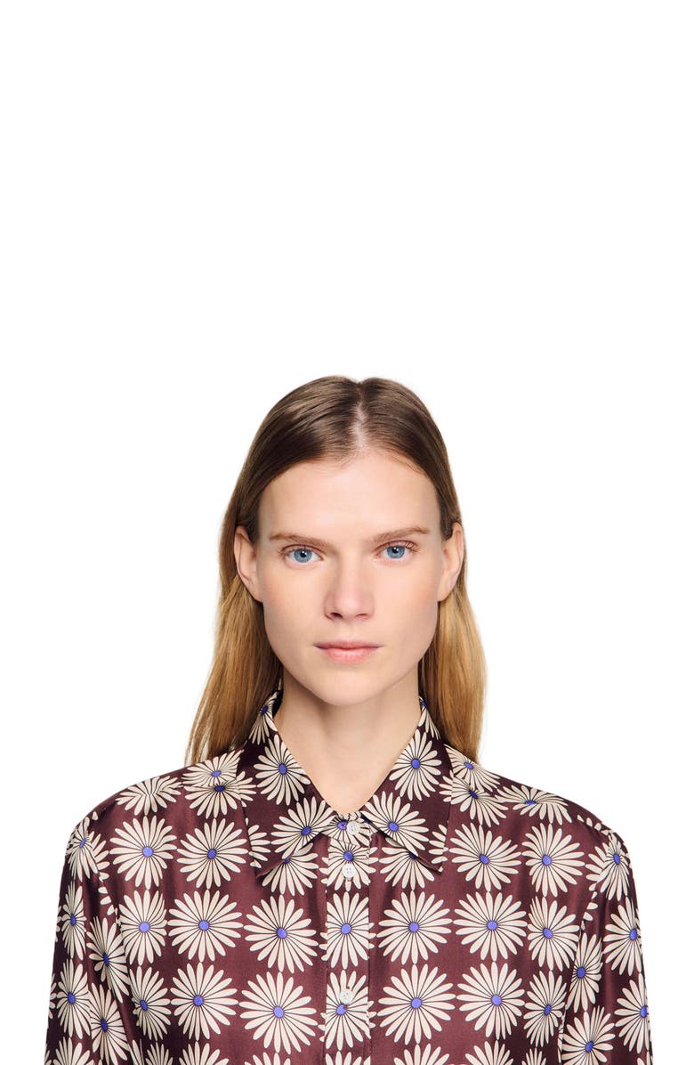 SANDRO Floral print silk shirt, Alternate, color, Marron / Bleu