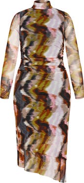 City Chic Zariyah Print Long Sleeve Body-Con Midi Dress