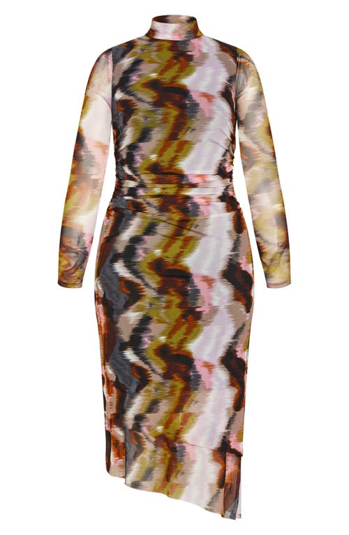 City Chic Zariyah Print Long Sleeve Body-con Midi Dress In Multi