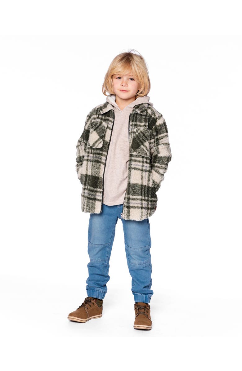 Deux par Deux Long Sleeve Zip Front Overshirt, Alternate, color, Sage And Beige Plaid