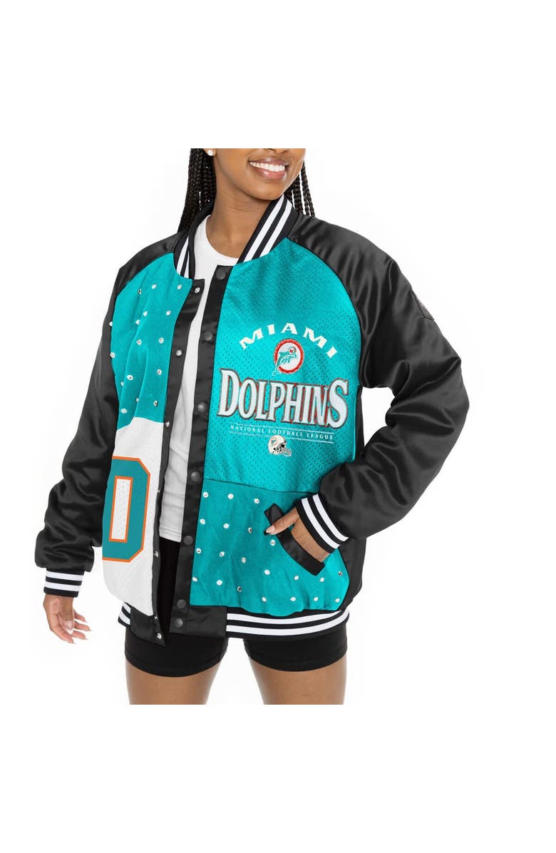 GAMEDAY COUTURE Women's Gameday Couture  Black/Aqua Miami Dolphins Oversized Hot Shot Rhinestone Throwback Full-Snap Varsity Bomber Jacket, Alternate, color, Black