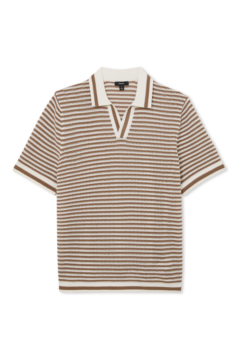 Carlford Stripe Pointelle Stitch Knit Polo, Alternate, color, CAMEL/ OFF WHITE
