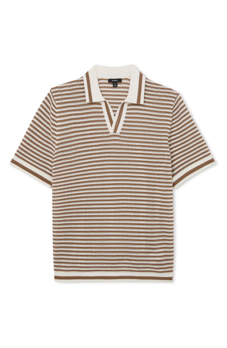 Reiss Carlford Stripe Pointelle Stitch Knit Polo, Alternate, color, Camel/ Off White