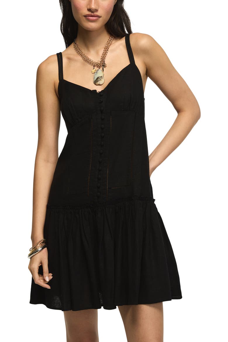 Embroidered Ruffle Hem Sleeveless Linen Blend Minidress, Alternate, color, CAVIAR