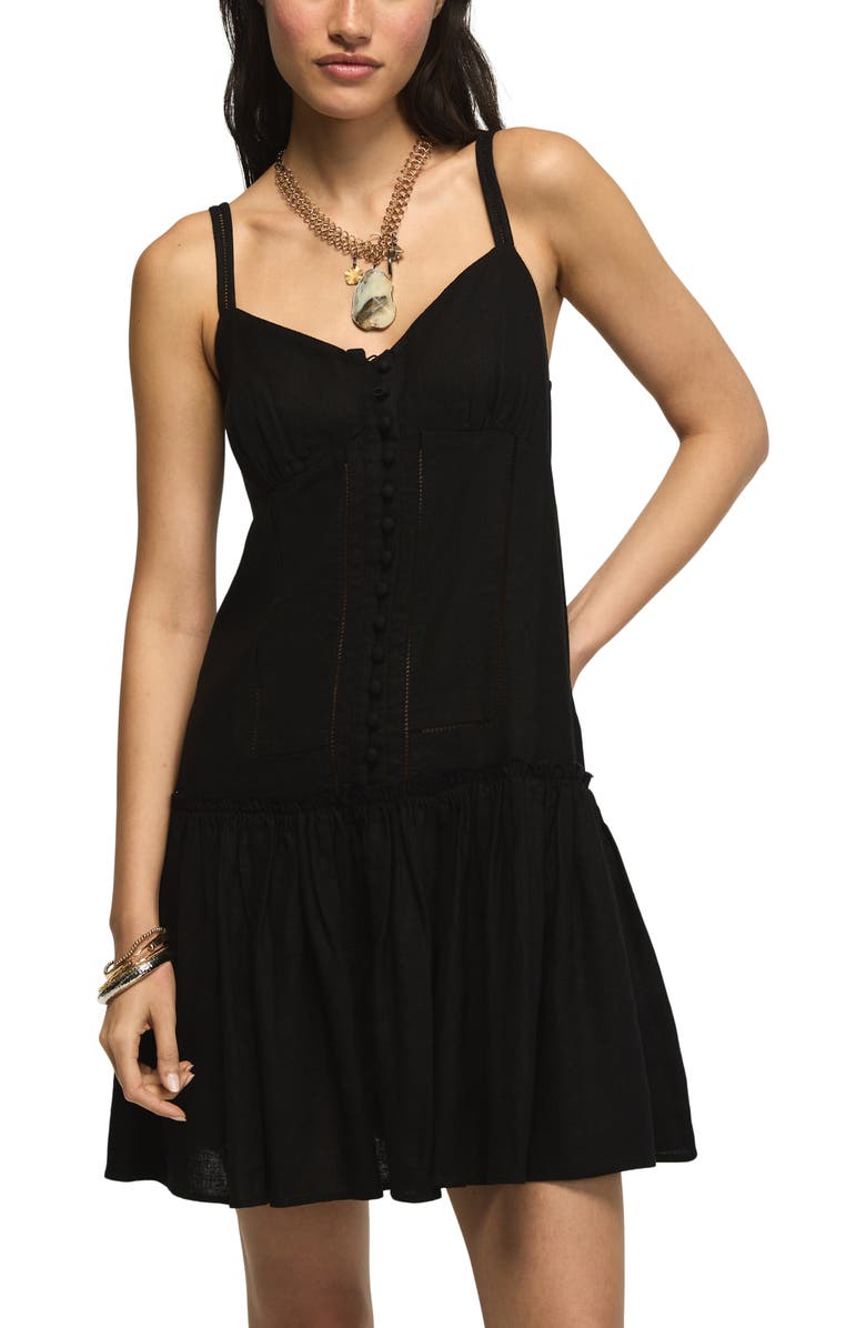Lucky Brand Embroidered Ruffle Hem Sleeveless Linen Blend Minidress, Alternate, color, Caviar